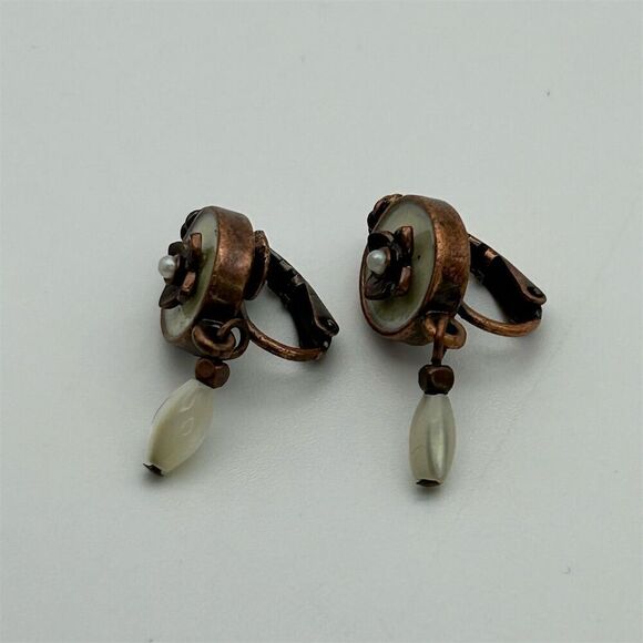 Vintage Avon Floral Copper Clip-On Dangle Earrings with Faux Pearl Classic - Picture 6 of 9
